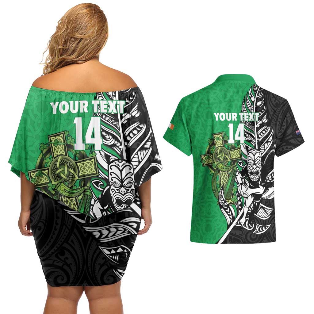 New Zealand and Ireland Rugby Custom Couples Matching Off Shoulder Short Dress and Hawaiian Shirt Maori Tiki Fern Irish Celtic Cross LT14 - Polynesian Pride