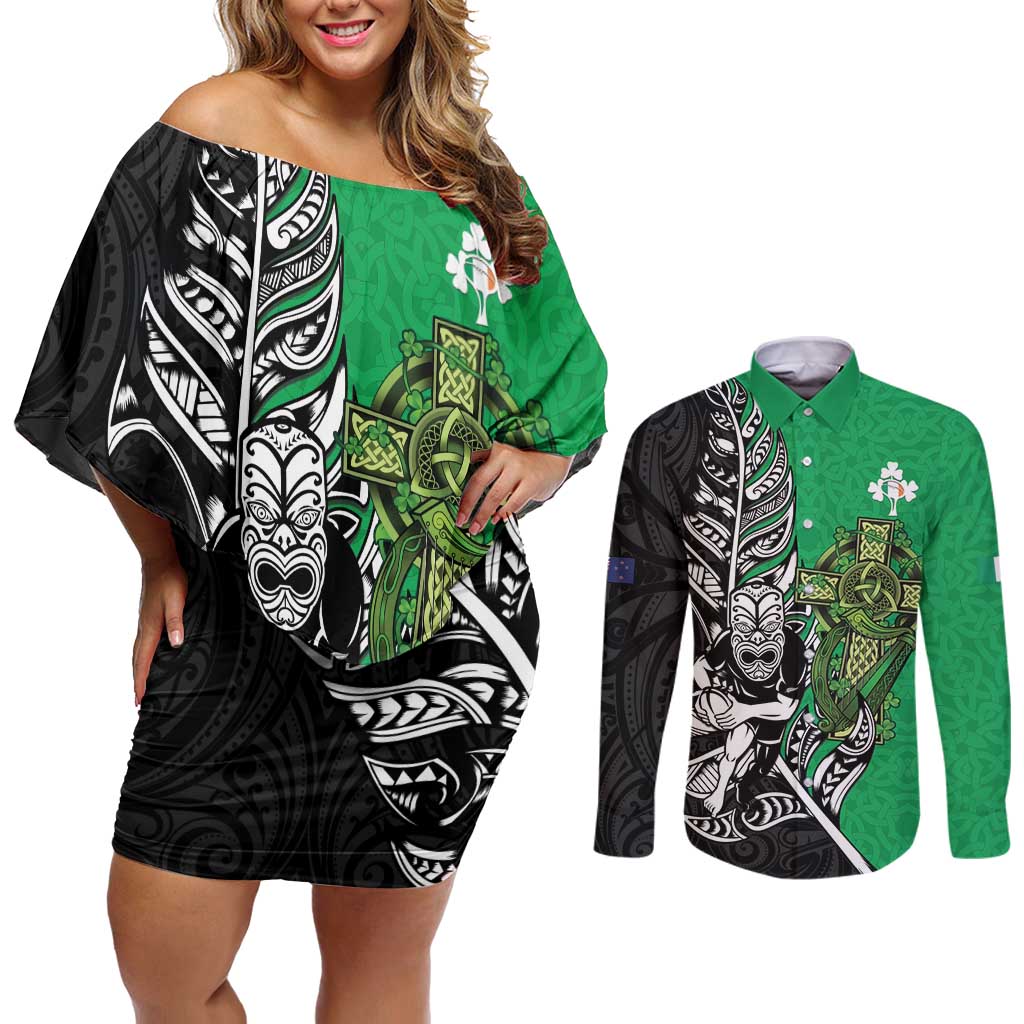 New Zealand and Ireland Rugby Custom Couples Matching Off Shoulder Short Dress and Long Sleeve Button Shirt Maori Tiki Fern Irish Celtic Cross LT14 Green - Polynesian Pride