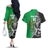 New Zealand and Ireland Rugby Custom Couples Matching Off The Shoulder Long Sleeve Dress and Hawaiian Shirt Maori Tiki Fern Irish Celtic Cross LT14 - Polynesian Pride