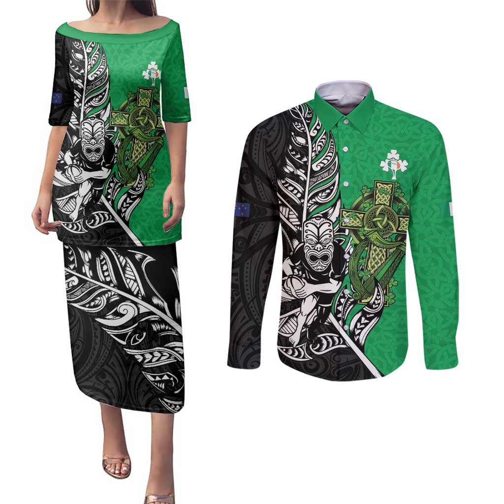 New Zealand and Ireland Rugby Custom Couples Matching Puletasi and Long Sleeve Button Shirt Maori Tiki Fern Irish Celtic Cross - Polynesian Pride