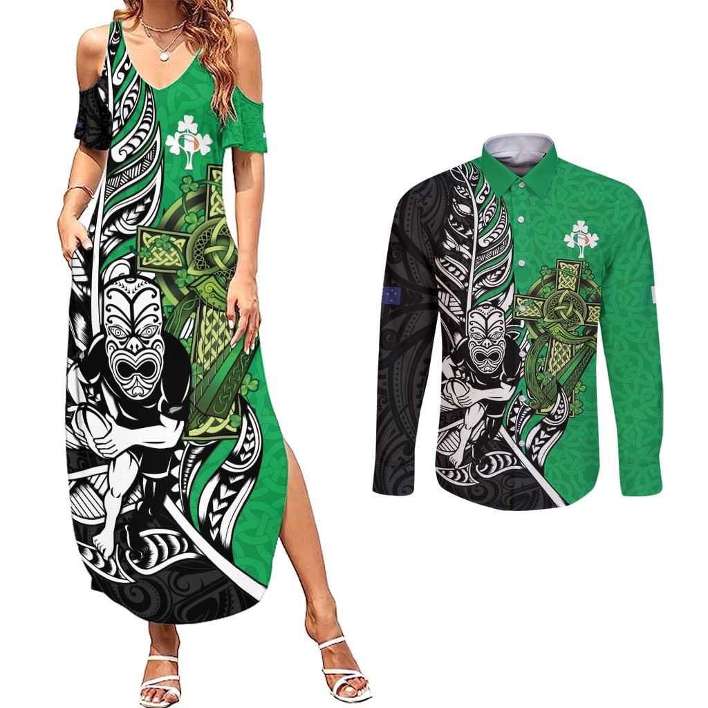New Zealand and Ireland Rugby Custom Couples Matching Summer Maxi Dress and Long Sleeve Button Shirt Maori Tiki Fern Irish Celtic Cross - Polynesian Pride