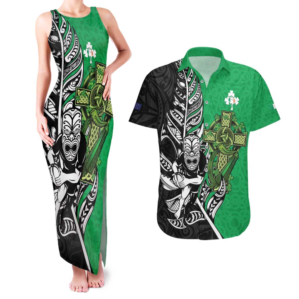 New Zealand and Ireland Rugby Custom Couples Matching Tank Maxi Dress and Hawaiian Shirt Maori Tiki Fern Irish Celtic Cross - Polynesian Pride