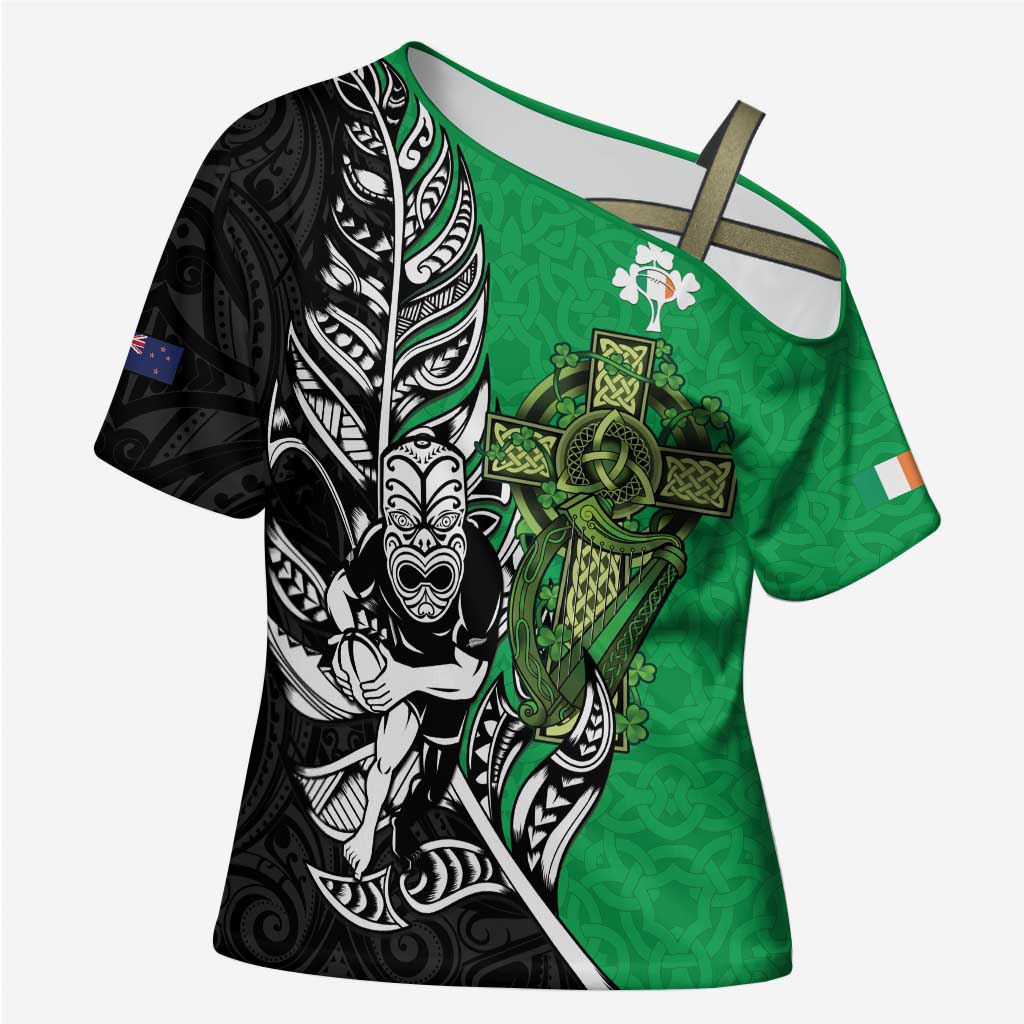 New Zealand and Ireland Rugby Custom Cross Shoulder Shirt Maori Tiki Fern Irish Celtic Cross - Polynesian Pride