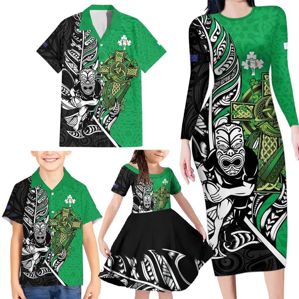 New Zealand and Ireland Rugby Custom Family Matching Long Sleeve Bodycon Dress and Hawaiian Shirt Maori Tiki Fern Irish Celtic Cross LT14 - Polynesian Pride