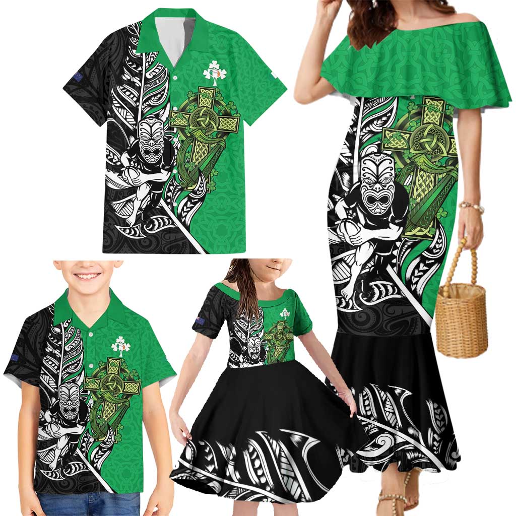 New Zealand and Ireland Rugby Custom Family Matching Mermaid Dress and Hawaiian Shirt Maori Tiki Fern Irish Celtic Cross LT14 - Polynesian Pride