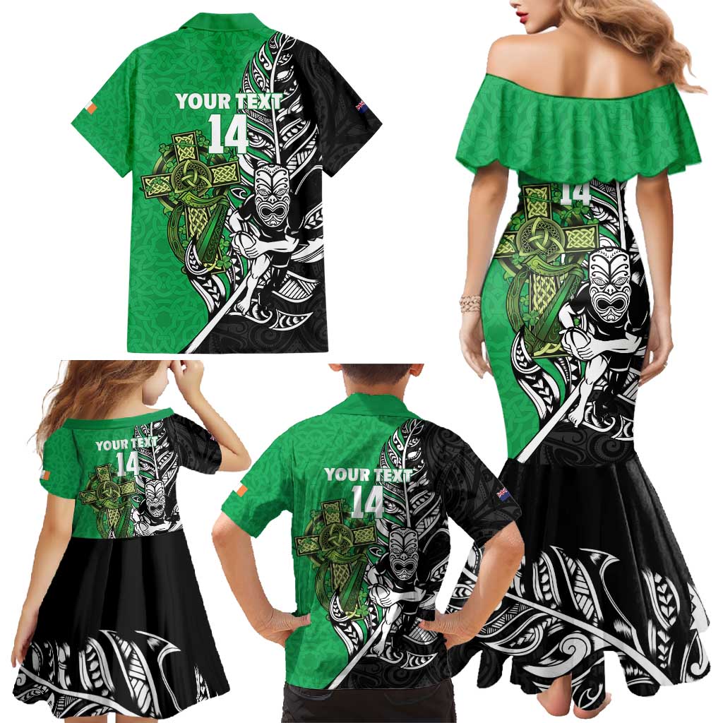 New Zealand and Ireland Rugby Custom Family Matching Mermaid Dress and Hawaiian Shirt Maori Tiki Fern Irish Celtic Cross LT14 - Polynesian Pride
