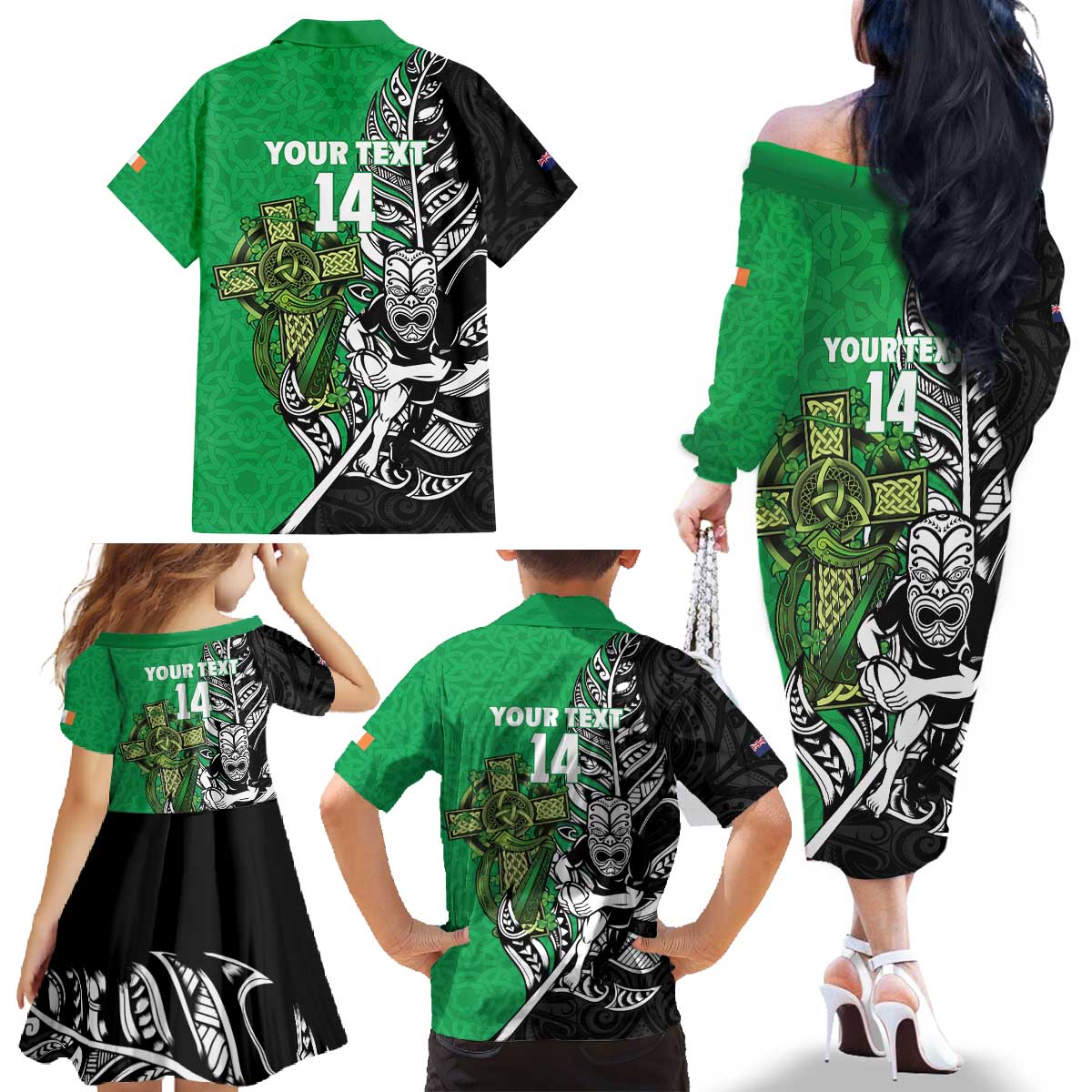 New Zealand and Ireland Rugby Custom Family Matching Off The Shoulder Long Sleeve Dress and Hawaiian Shirt Maori Tiki Fern Irish Celtic Cross LT14 - Polynesian Pride