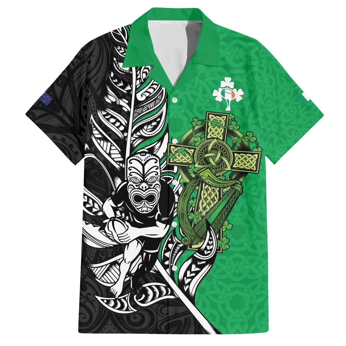 New Zealand and Ireland Rugby Custom Family Matching Off The Shoulder Long Sleeve Dress and Hawaiian Shirt Maori Tiki Fern Irish Celtic Cross LT14 Dad's Shirt - Short Sleeve Green - Polynesian Pride