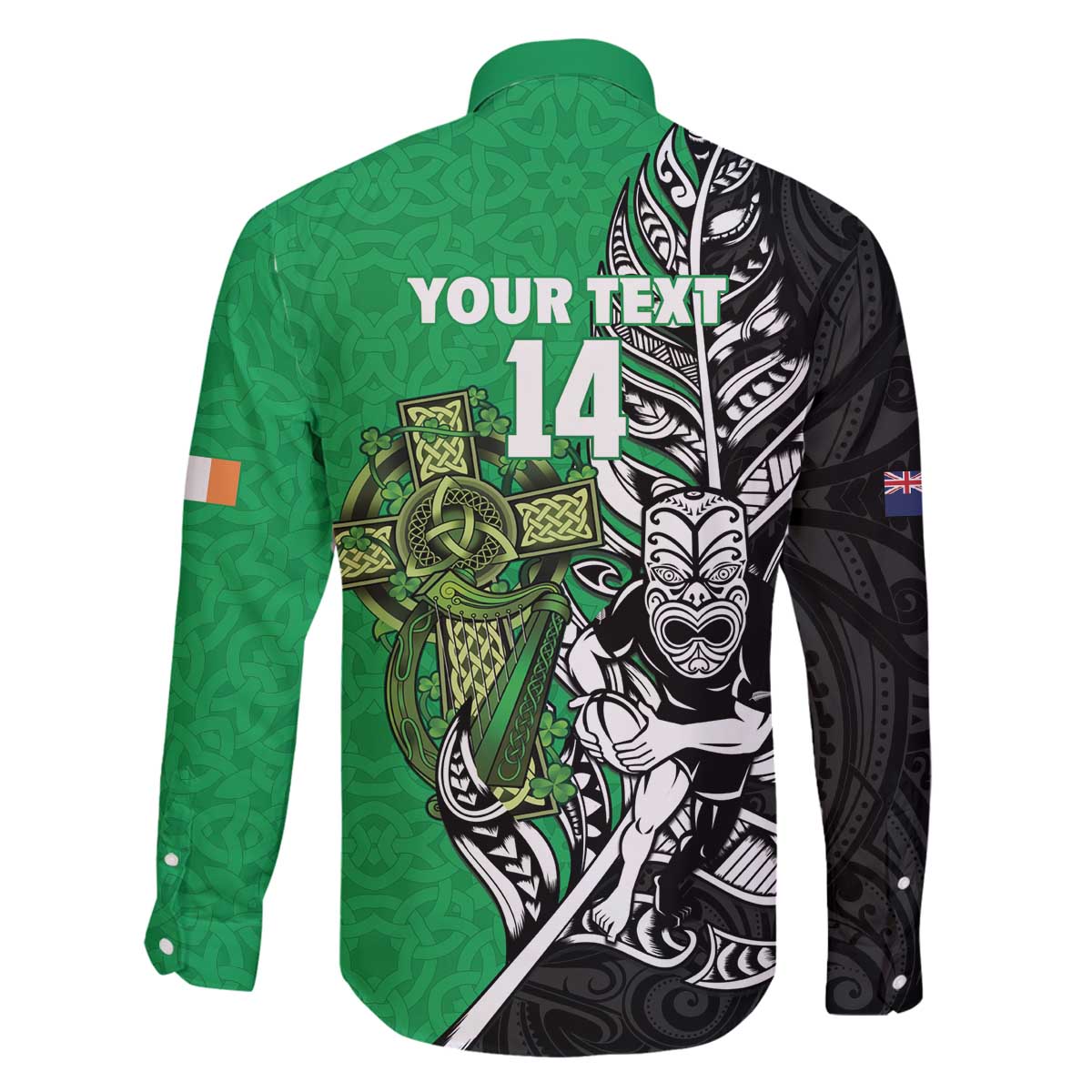 New Zealand and Ireland Rugby Custom Family Matching Off The Shoulder Long Sleeve Dress and Hawaiian Shirt Maori Tiki Fern Irish Celtic Cross LT14 - Polynesian Pride
