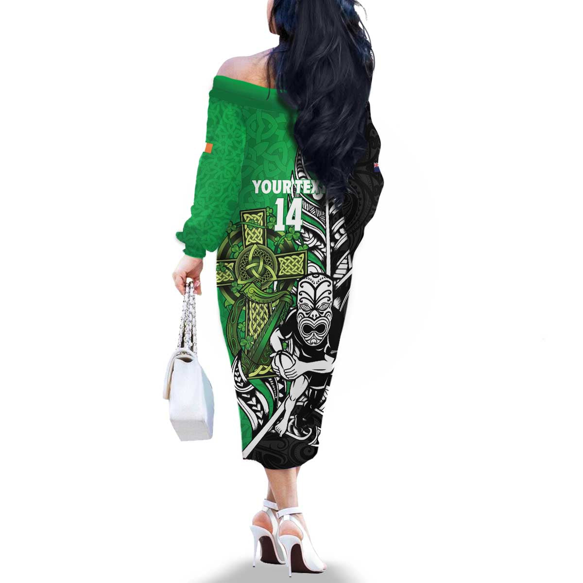 New Zealand and Ireland Rugby Custom Family Matching Off The Shoulder Long Sleeve Dress and Hawaiian Shirt Maori Tiki Fern Irish Celtic Cross LT14 - Polynesian Pride