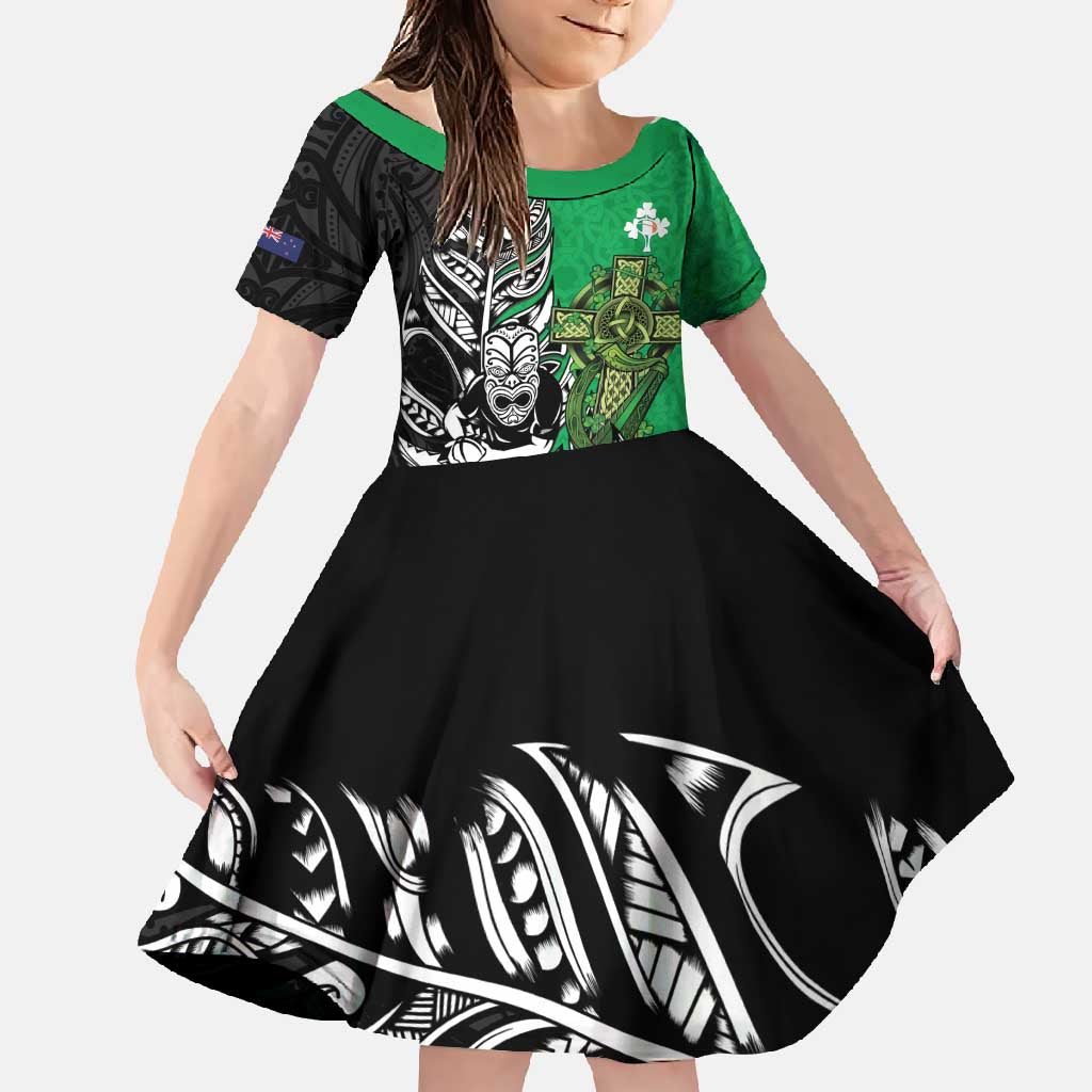New Zealand and Ireland Rugby Custom Family Matching Off Shoulder Maxi Dress and Hawaiian Shirt Maori Tiki Fern Irish Celtic Cross LT14 Daughter's Dress Green - Polynesian Pride