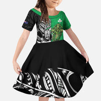 New Zealand and Ireland Rugby Custom Family Matching Off Shoulder Maxi Dress and Hawaiian Shirt Maori Tiki Fern Irish Celtic Cross LT14 Daughter's Dress Green - Polynesian Pride