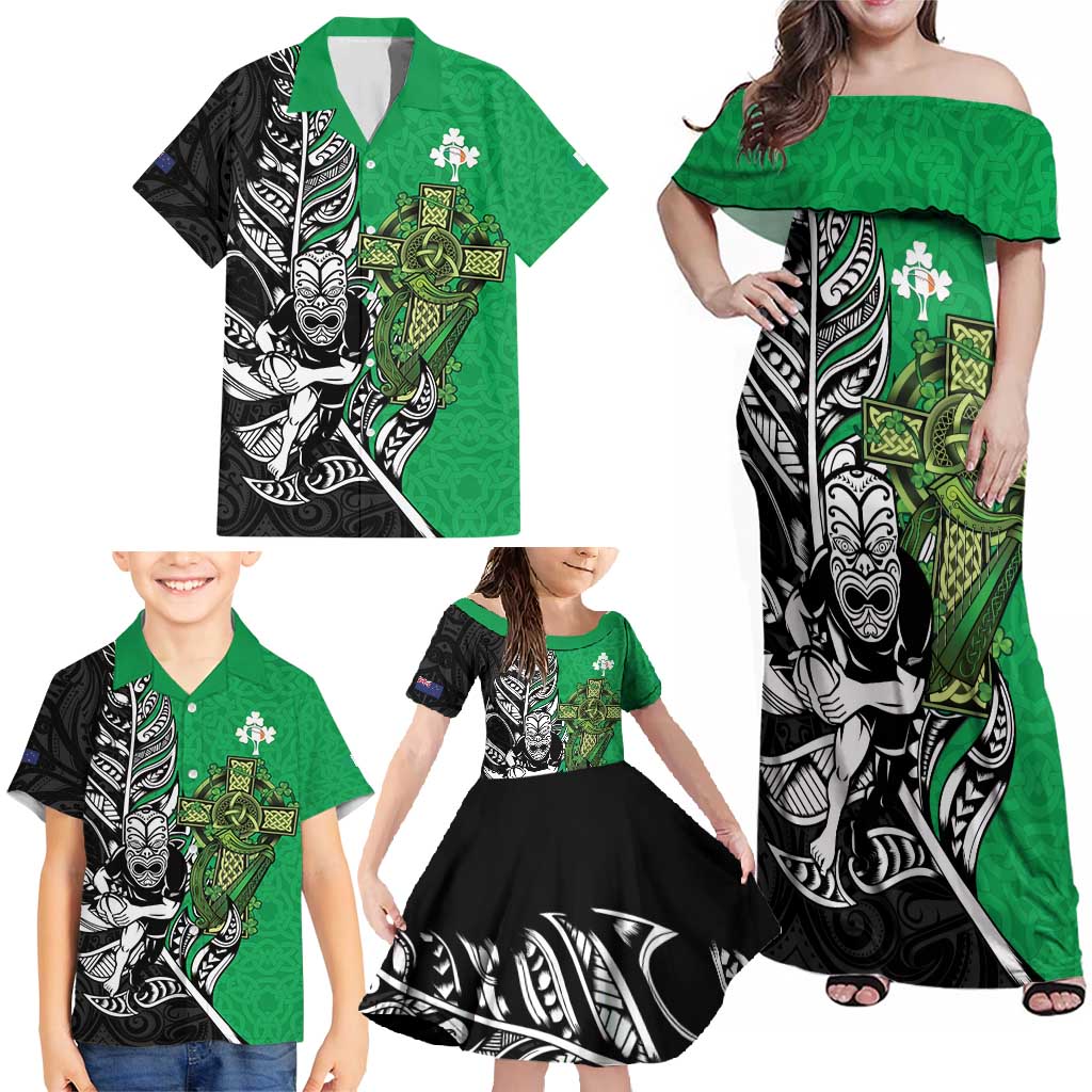 New Zealand and Ireland Rugby Custom Family Matching Off Shoulder Maxi Dress and Hawaiian Shirt Maori Tiki Fern Irish Celtic Cross LT14 - Polynesian Pride