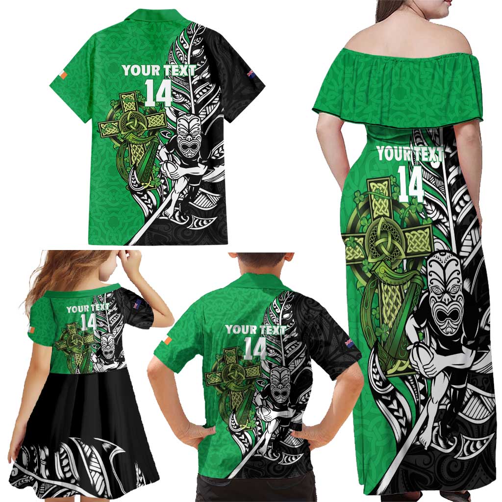 New Zealand and Ireland Rugby Custom Family Matching Off Shoulder Maxi Dress and Hawaiian Shirt Maori Tiki Fern Irish Celtic Cross LT14 - Polynesian Pride