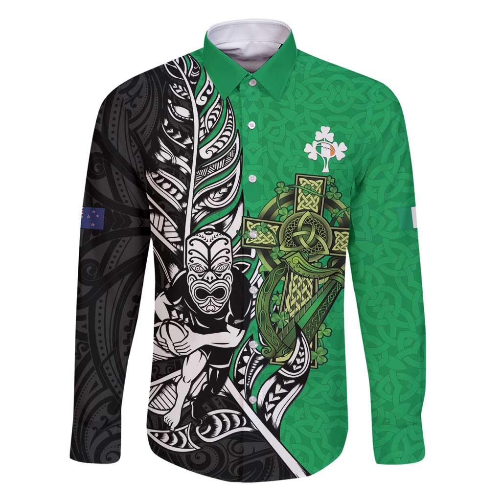 New Zealand and Ireland Rugby Custom Family Matching Off Shoulder Maxi Dress and Hawaiian Shirt Maori Tiki Fern Irish Celtic Cross LT14 Dad's Shirt - Long Sleeve Green - Polynesian Pride