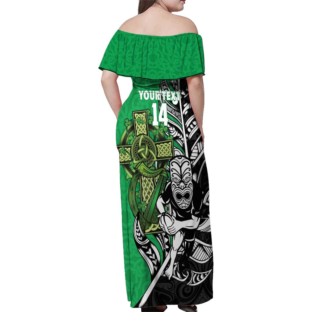 New Zealand and Ireland Rugby Custom Family Matching Off Shoulder Maxi Dress and Hawaiian Shirt Maori Tiki Fern Irish Celtic Cross LT14 - Polynesian Pride
