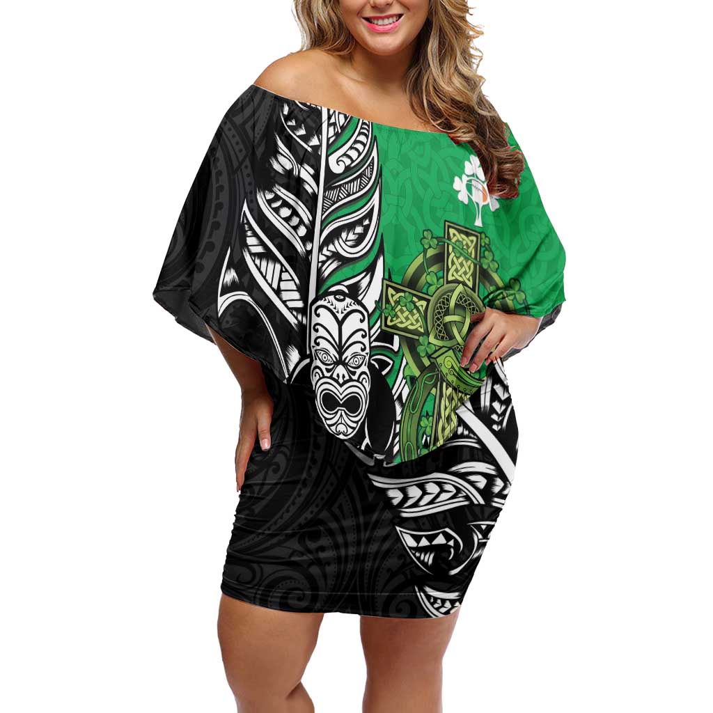 New Zealand and Ireland Rugby Custom Family Matching Off Shoulder Short Dress and Hawaiian Shirt Maori Tiki Fern Irish Celtic Cross LT14 Mom's Dress Green - Polynesian Pride