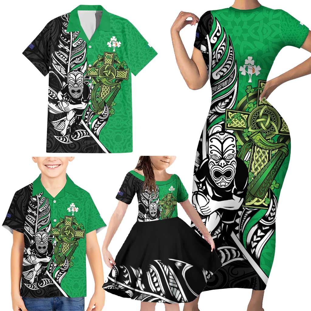 New Zealand and Ireland Rugby Custom Family Matching Short Sleeve Bodycon Dress and Hawaiian Shirt Maori Tiki Fern Irish Celtic Cross LT14 - Polynesian Pride