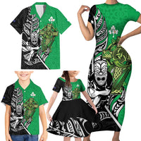 New Zealand and Ireland Rugby Custom Family Matching Short Sleeve Bodycon Dress and Hawaiian Shirt Maori Tiki Fern Irish Celtic Cross LT14 - Polynesian Pride