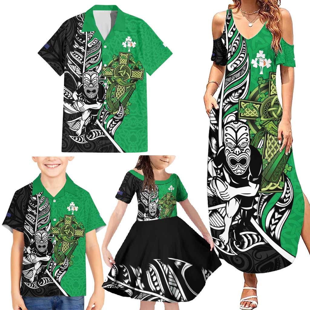 New Zealand and Ireland Rugby Custom Family Matching Summer Maxi Dress and Hawaiian Shirt Maori Tiki Fern Irish Celtic Cross LT14 - Polynesian Pride