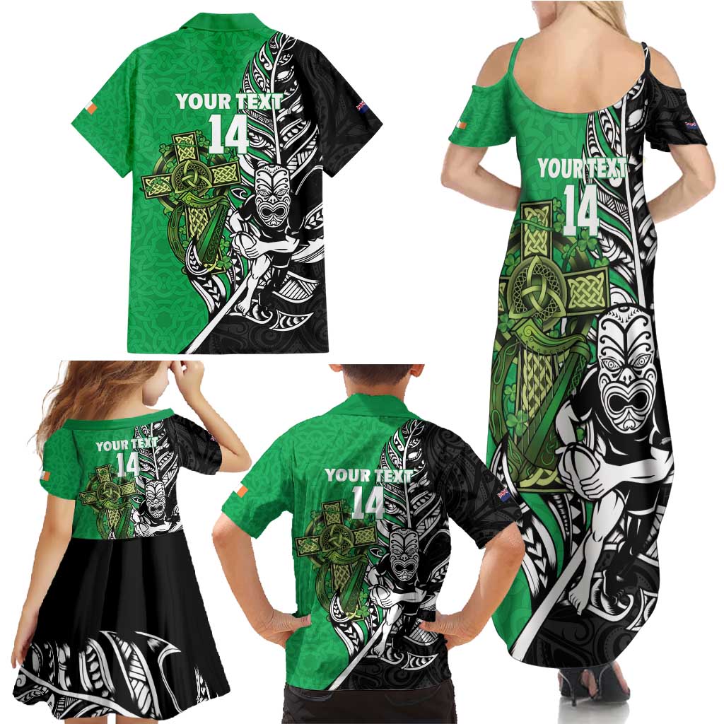 New Zealand and Ireland Rugby Custom Family Matching Summer Maxi Dress and Hawaiian Shirt Maori Tiki Fern Irish Celtic Cross LT14 - Polynesian Pride