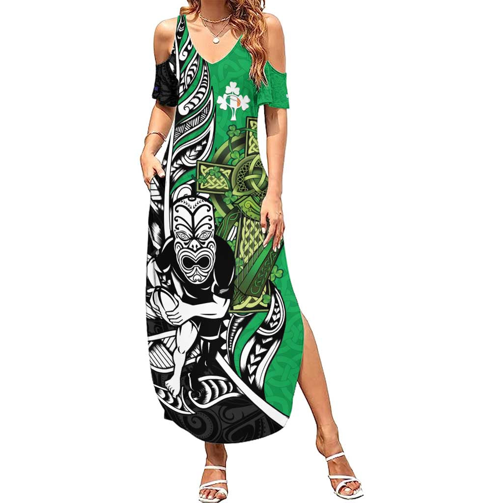 New Zealand and Ireland Rugby Custom Family Matching Summer Maxi Dress and Hawaiian Shirt Maori Tiki Fern Irish Celtic Cross LT14 Mom's Dress Green - Polynesian Pride