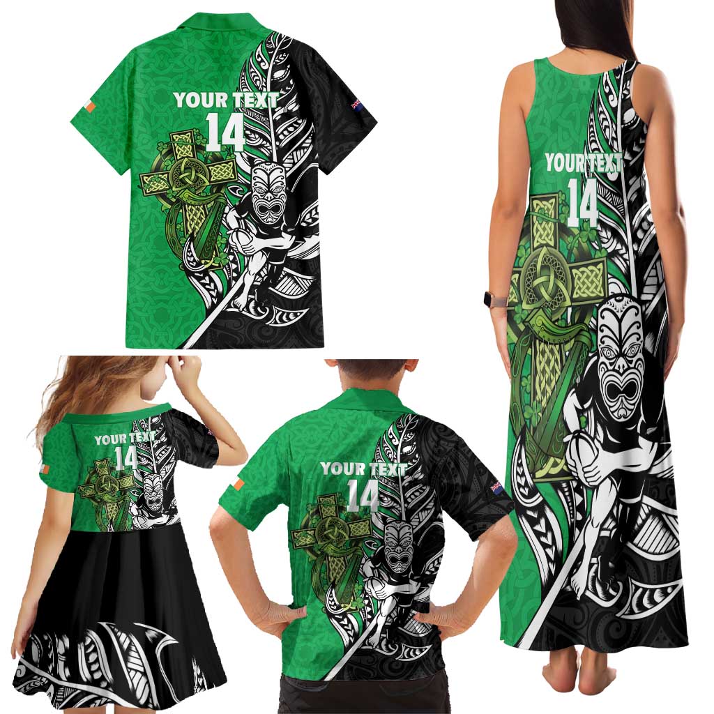 New Zealand and Ireland Rugby Custom Family Matching Tank Maxi Dress and Hawaiian Shirt Maori Tiki Fern Irish Celtic Cross LT14 - Polynesian Pride