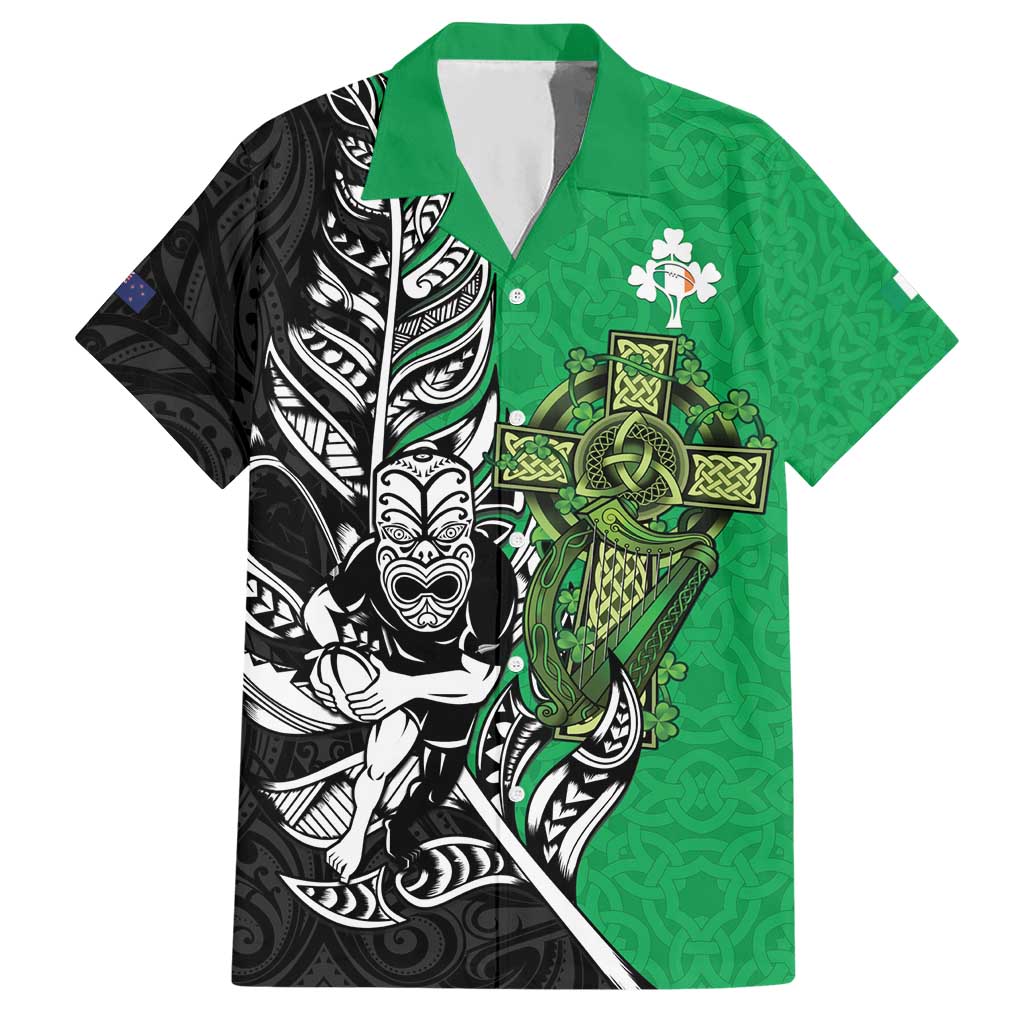 New Zealand and Ireland Rugby Custom Hawaiian Shirt Maori Tiki Fern Irish Celtic Cross - Polynesian Pride