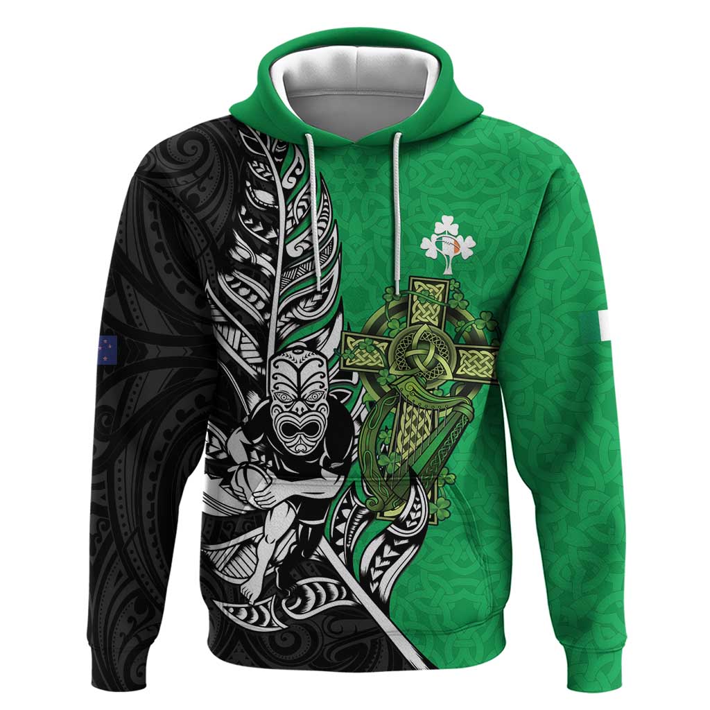 New Zealand and Ireland Rugby Custom Hoodie Maori Tiki Fern Irish Celtic Cross LT14 Pullover Hoodie Green - Polynesian Pride