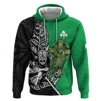 New Zealand and Ireland Rugby Custom Hoodie Maori Tiki Fern Irish Celtic Cross LT14 Pullover Hoodie Green - Polynesian Pride