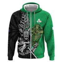 New Zealand and Ireland Rugby Custom Hoodie Maori Tiki Fern Irish Celtic Cross LT14 Zip Hoodie Green - Polynesian Pride