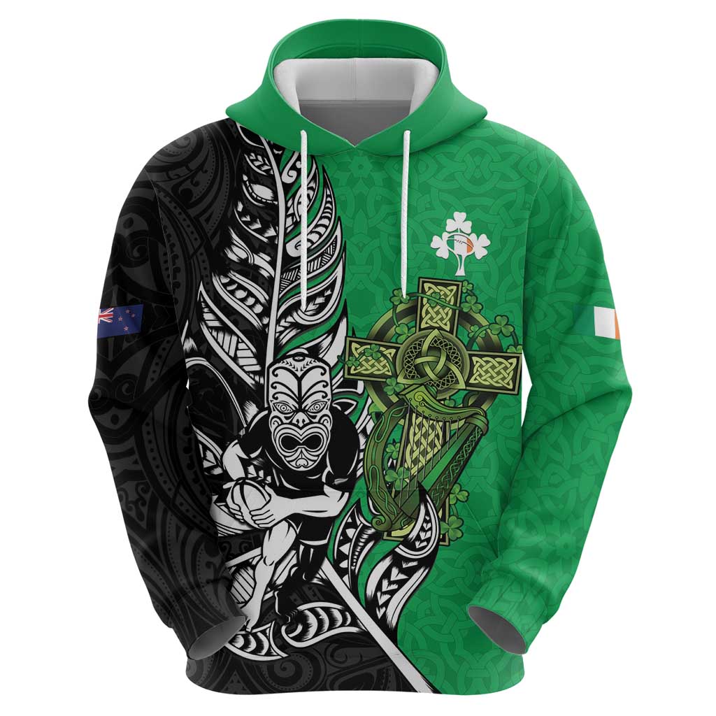 New Zealand and Ireland Rugby Custom Hoodie Maori Tiki Fern Irish Celtic Cross LT14 - Polynesian Pride