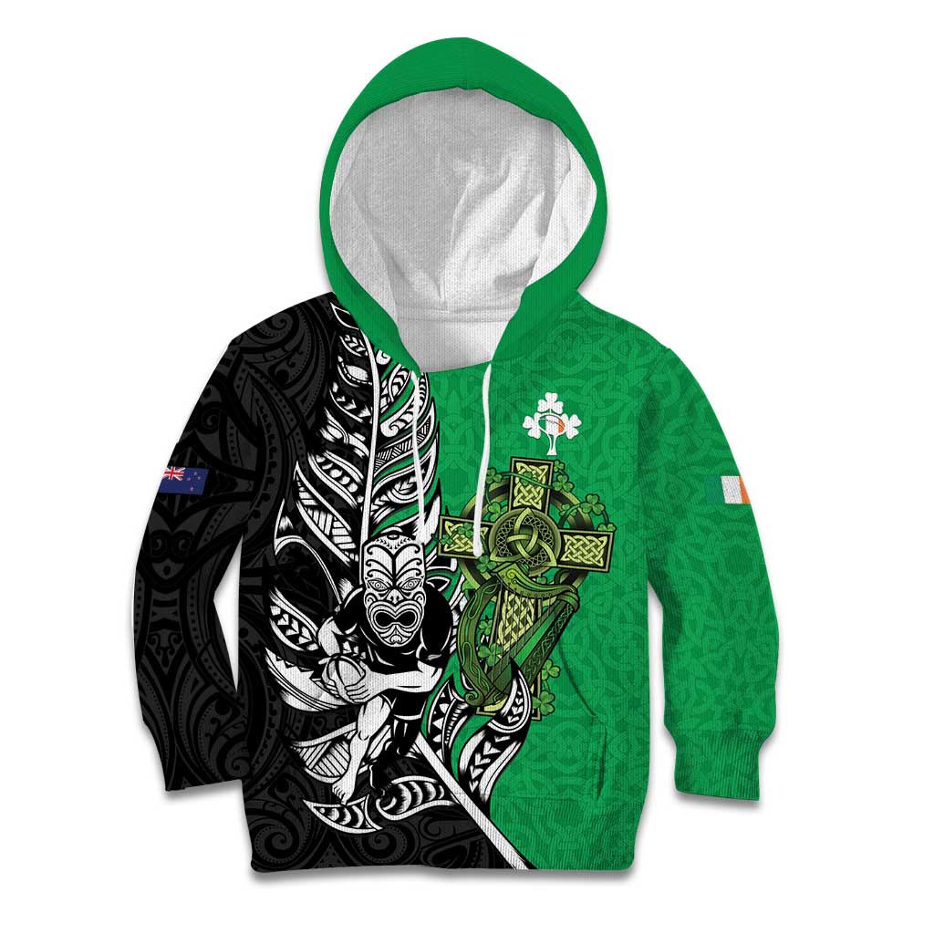 New Zealand and Ireland Rugby Custom Kid Hoodie Maori Tiki Fern Irish Celtic Cross LT14 Hoodie Green - Polynesian Pride
