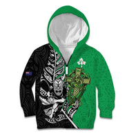 New Zealand and Ireland Rugby Custom Kid Hoodie Maori Tiki Fern Irish Celtic Cross LT14 Zip Hoodie Green - Polynesian Pride