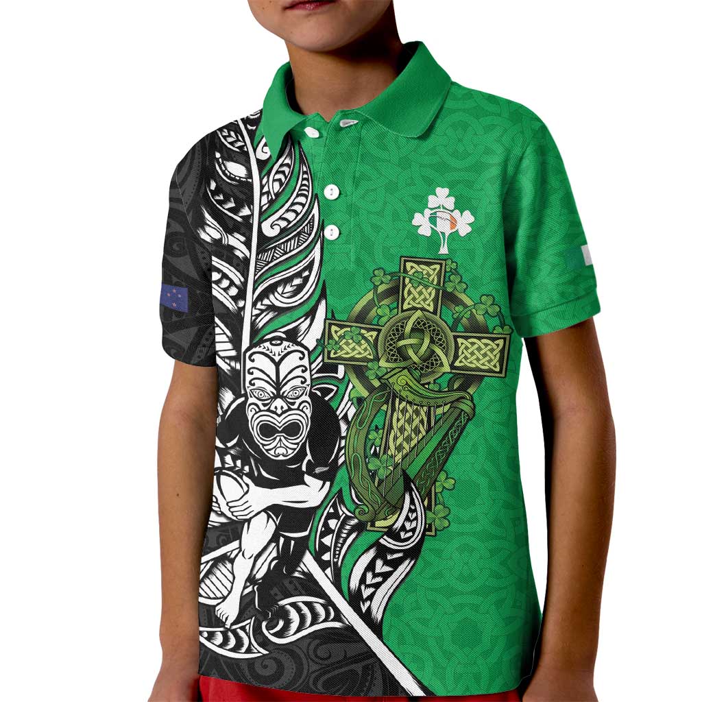New Zealand and Ireland Rugby Custom Kid Polo Shirt Maori Tiki Fern Irish Celtic Cross LT14 Kid Green - Polynesian Pride