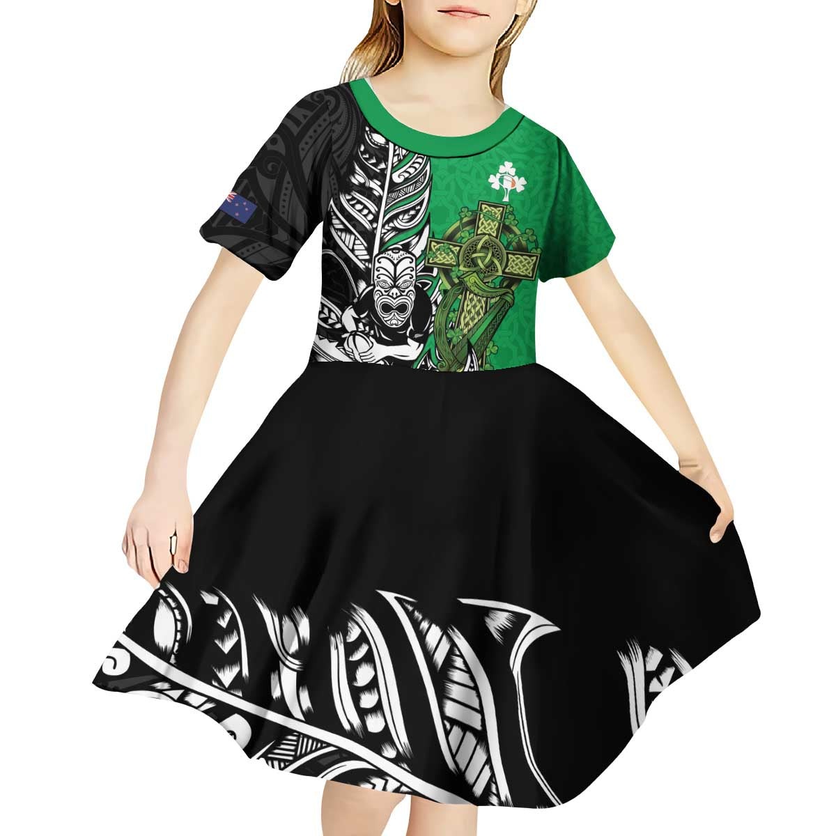 New Zealand and Ireland Rugby Custom Kid Short Sleeve Dress Maori Tiki Fern Irish Celtic Cross LT14 - Polynesian Pride