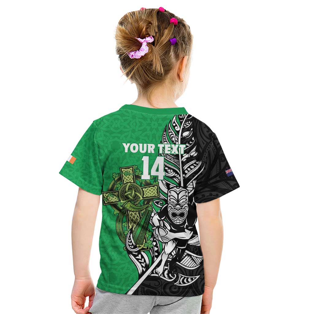 New Zealand and Ireland Rugby Custom Kid T Shirt Maori Tiki Fern Irish Celtic Cross LT14 - Polynesian Pride