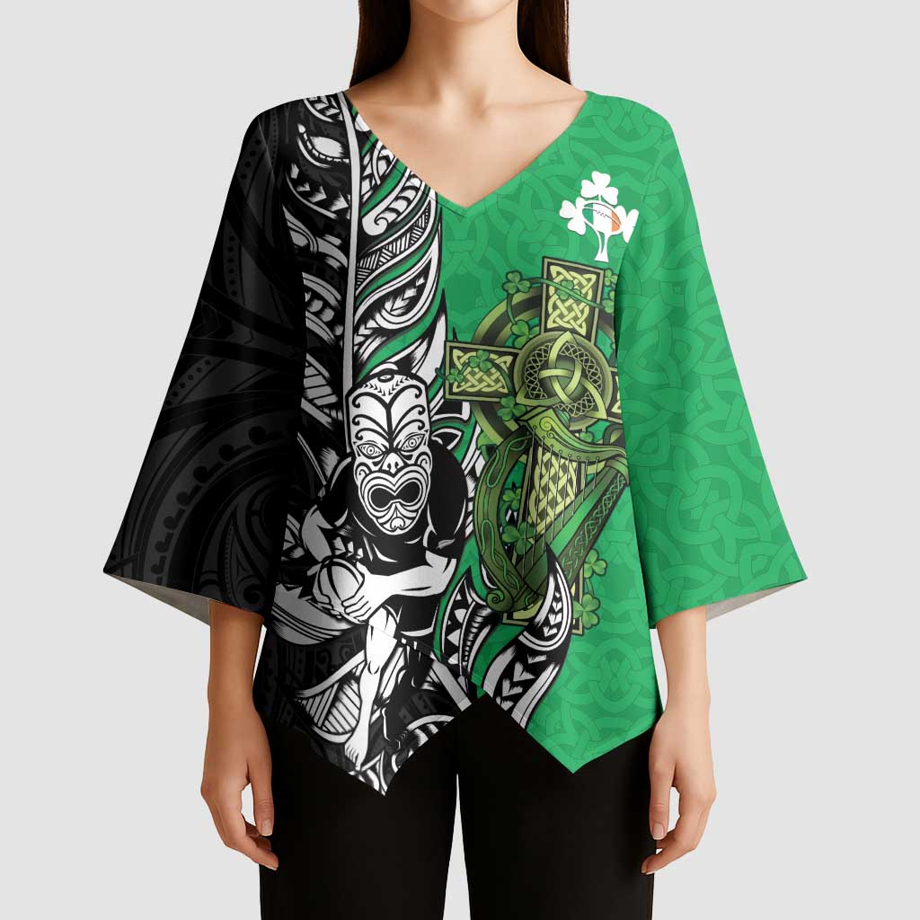 New Zealand and Ireland Rugby Custom Kimono Sleeve Blouse Maori Tiki Fern Irish Celtic Cross LT14 - Polynesian Pride