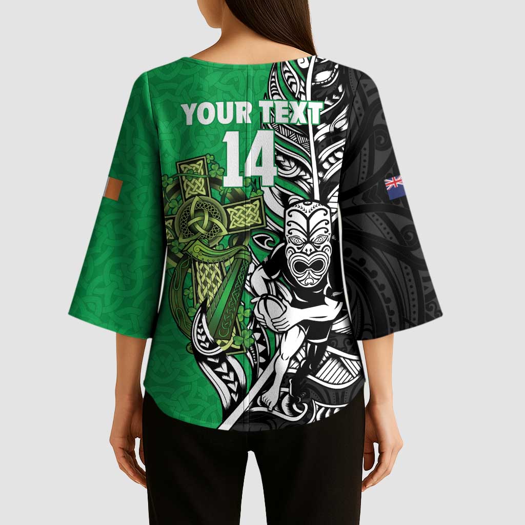 New Zealand and Ireland Rugby Custom Kimono Sleeve Blouse Maori Tiki Fern Irish Celtic Cross LT14 - Polynesian Pride