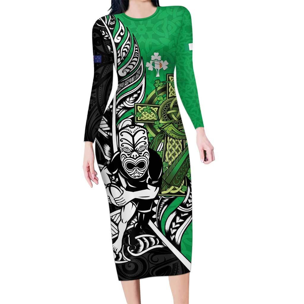 New Zealand and Ireland Rugby Custom Long Sleeve Bodycon Dress Maori Tiki Fern Irish Celtic Cross LT14 Long Dress Green - Polynesian Pride