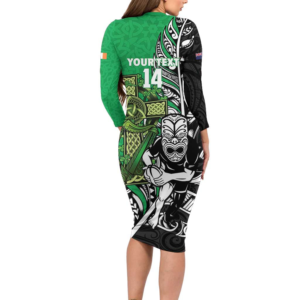 New Zealand and Ireland Rugby Custom Long Sleeve Bodycon Dress Maori Tiki Fern Irish Celtic Cross LT14 - Polynesian Pride