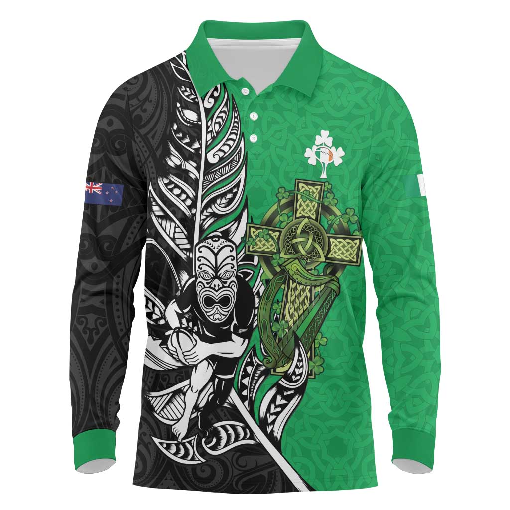 New Zealand and Ireland Rugby Custom Long Sleeve Polo Shirt Maori Tiki Fern Irish Celtic Cross LT14 Green - Polynesian Pride