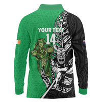 New Zealand and Ireland Rugby Custom Long Sleeve Polo Shirt Maori Tiki Fern Irish Celtic Cross LT14 - Polynesian Pride