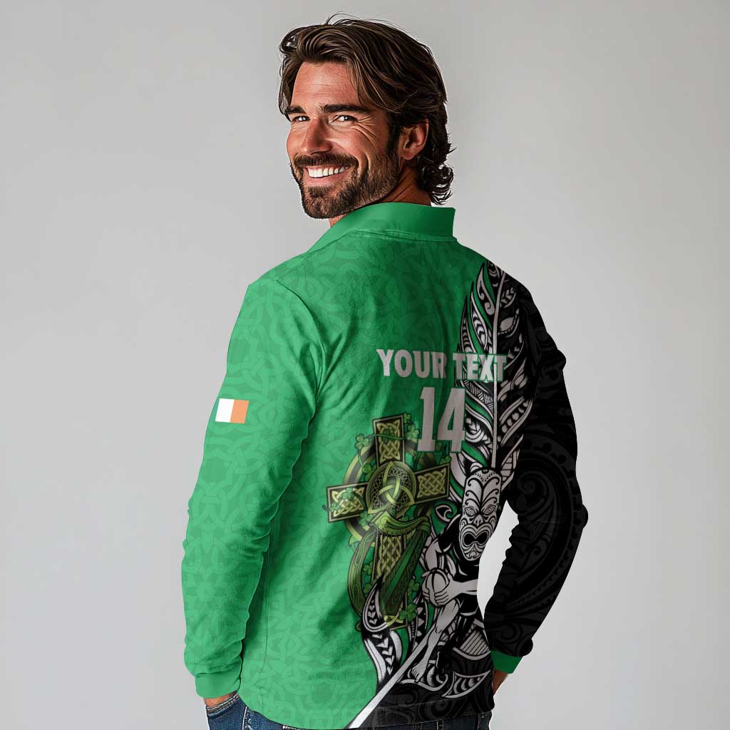 New Zealand and Ireland Rugby Custom Long Sleeve Polo Shirt Maori Tiki Fern Irish Celtic Cross LT14 - Polynesian Pride