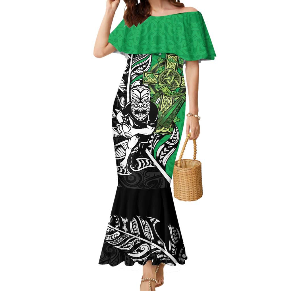 New Zealand and Ireland Rugby Custom Mermaid Dress Maori Tiki Fern Irish Celtic Cross LT14 Women Green - Polynesian Pride
