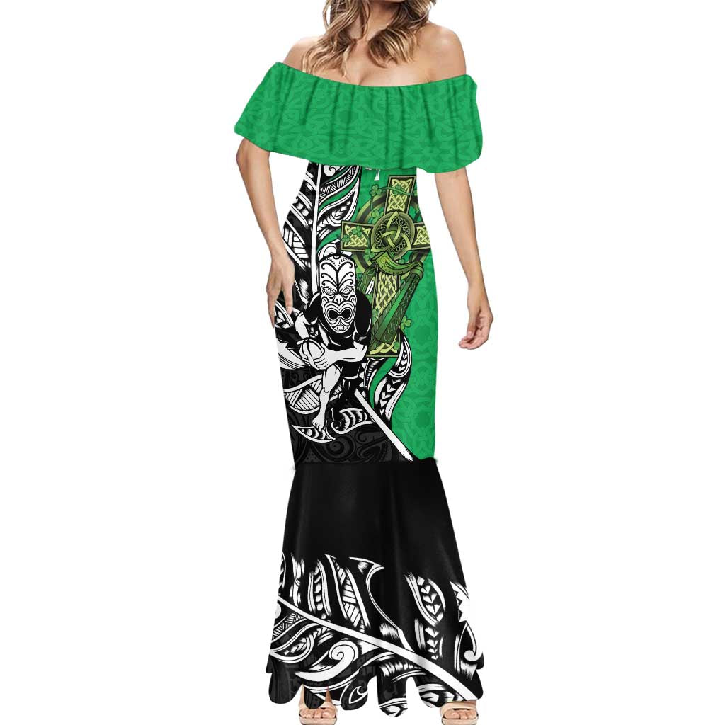 New Zealand and Ireland Rugby Custom Mermaid Dress Maori Tiki Fern Irish Celtic Cross LT14 - Polynesian Pride