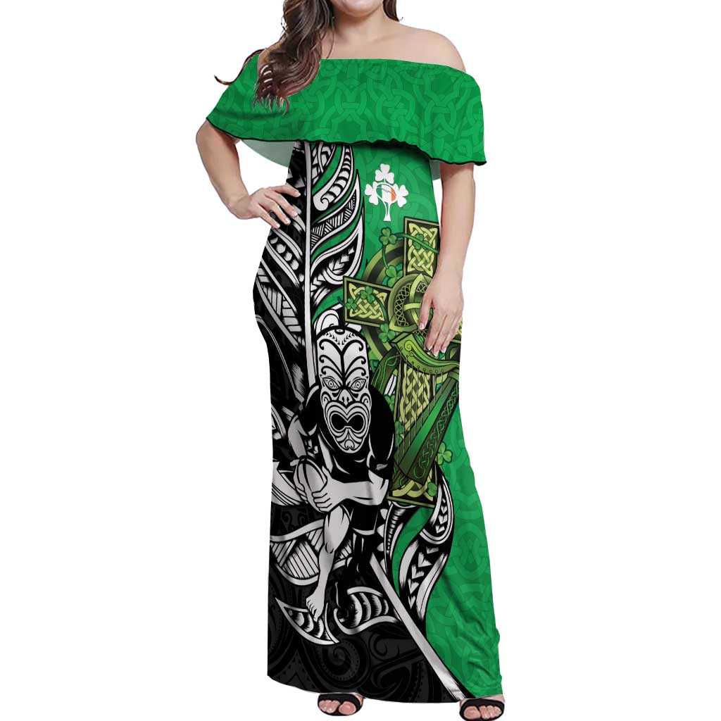New Zealand and Ireland Rugby Custom Off Shoulder Maxi Dress Maori Tiki Fern Irish Celtic Cross LT14 Women Green - Polynesian Pride