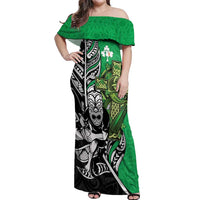 New Zealand and Ireland Rugby Custom Off Shoulder Maxi Dress Maori Tiki Fern Irish Celtic Cross LT14 Women Green - Polynesian Pride