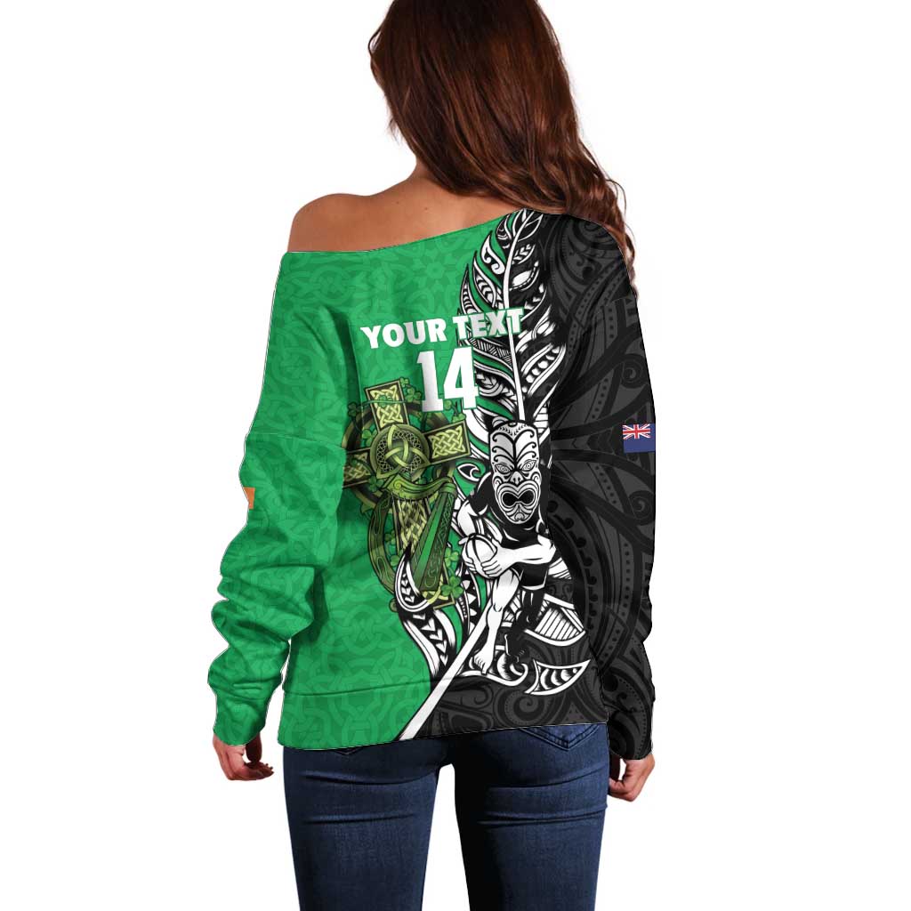 New Zealand and Ireland Rugby Custom Off Shoulder Sweater Maori Tiki Fern Irish Celtic Cross LT14 - Polynesian Pride