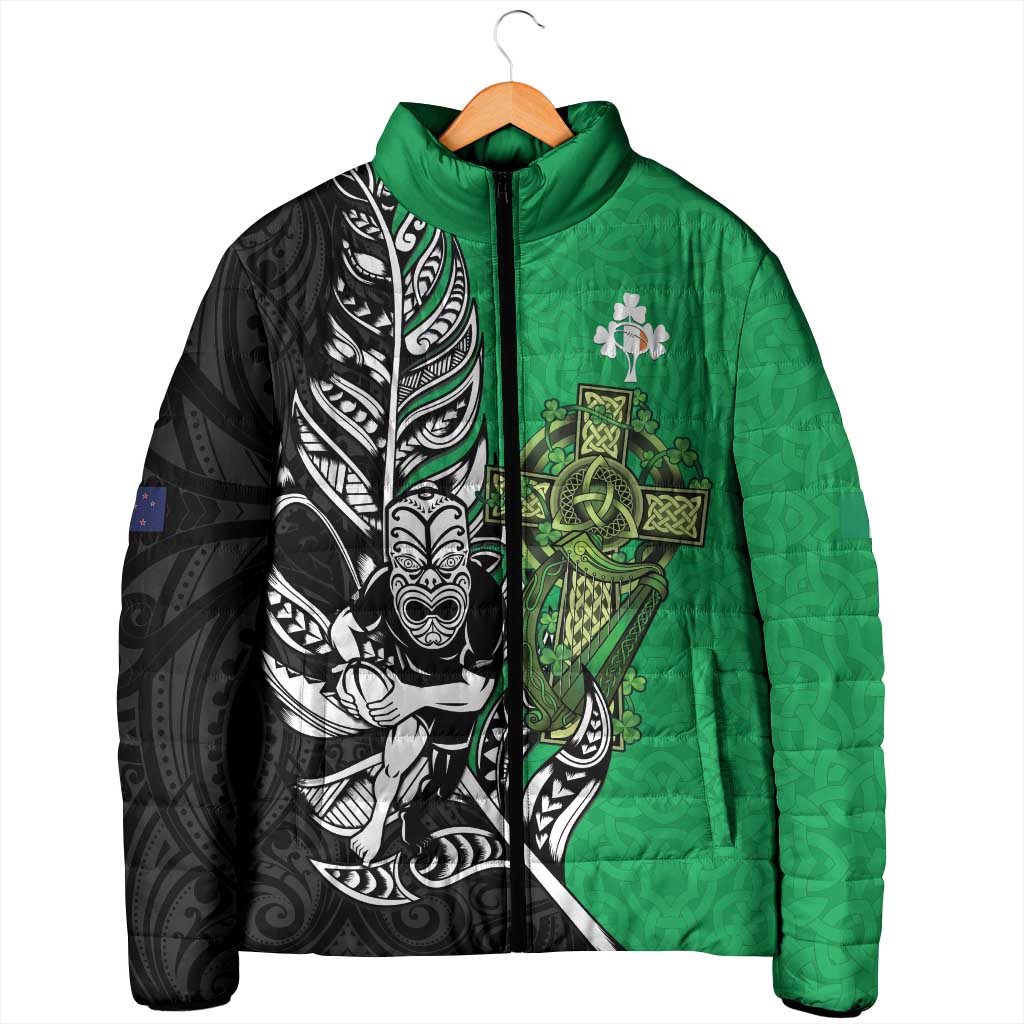 New Zealand and Ireland Rugby Custom Padded Jacket Maori Tiki Fern Irish Celtic Cross - Polynesian Pride